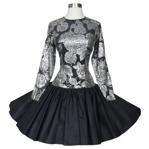 Vintage 80s Silver Metallic Black Sequin Long Sleeve Full Skirt Prom Dress S
